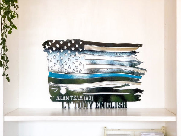 Tattered Thin Blue Line Flag Custom Metal Wall Art – Texas Metal Makers